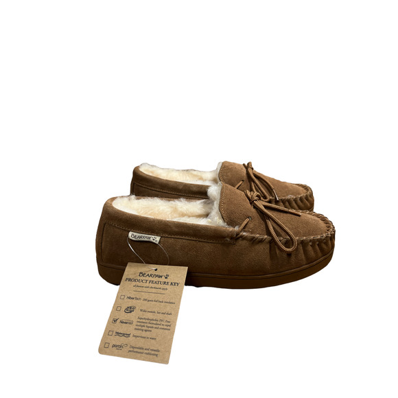 BearPaw Other - NEW Bear Paw Slippers Mocccasins Mens 8 Brown Suede Sheepskin Lining Hard Sole